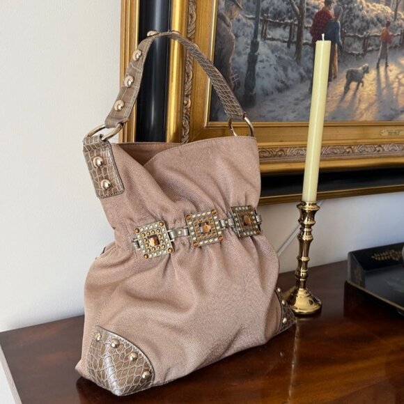 Kathy Van Zeeland Gold Jewel Embellished Shoulder Bag Croc Trim  Back Pocket - Picture 3 of 15